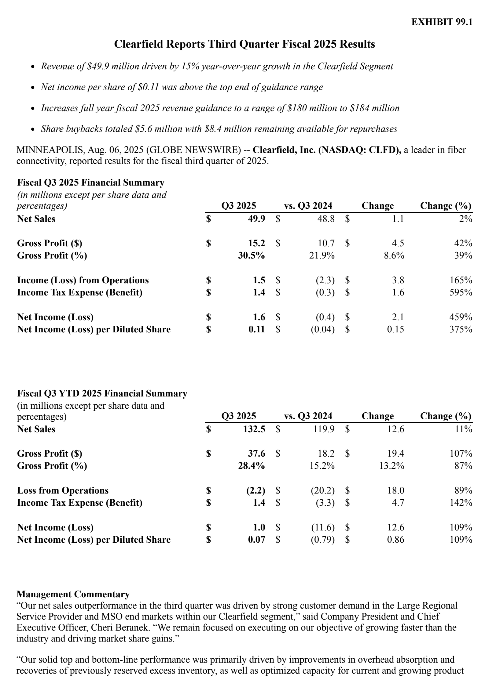 Clearfield's Q3 2025 Press Release