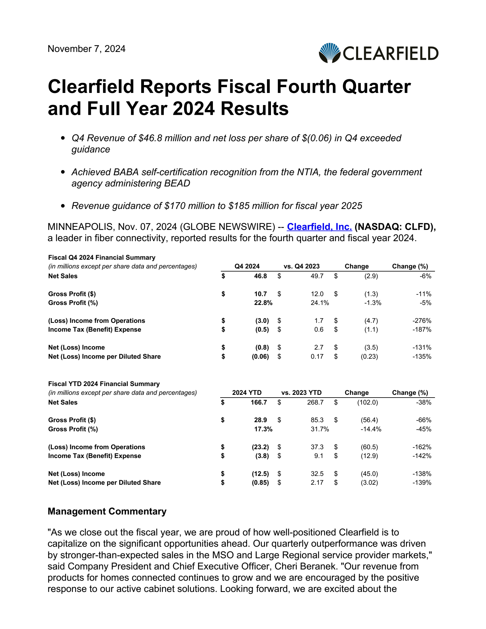 Clearfield's Q4 2024 Earnings Release