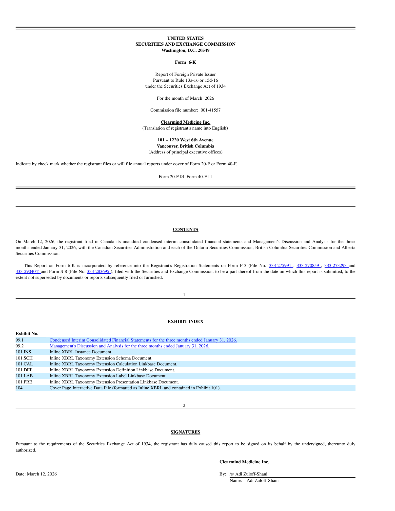 Clearmind Medicine's Q1 2026 Press Release