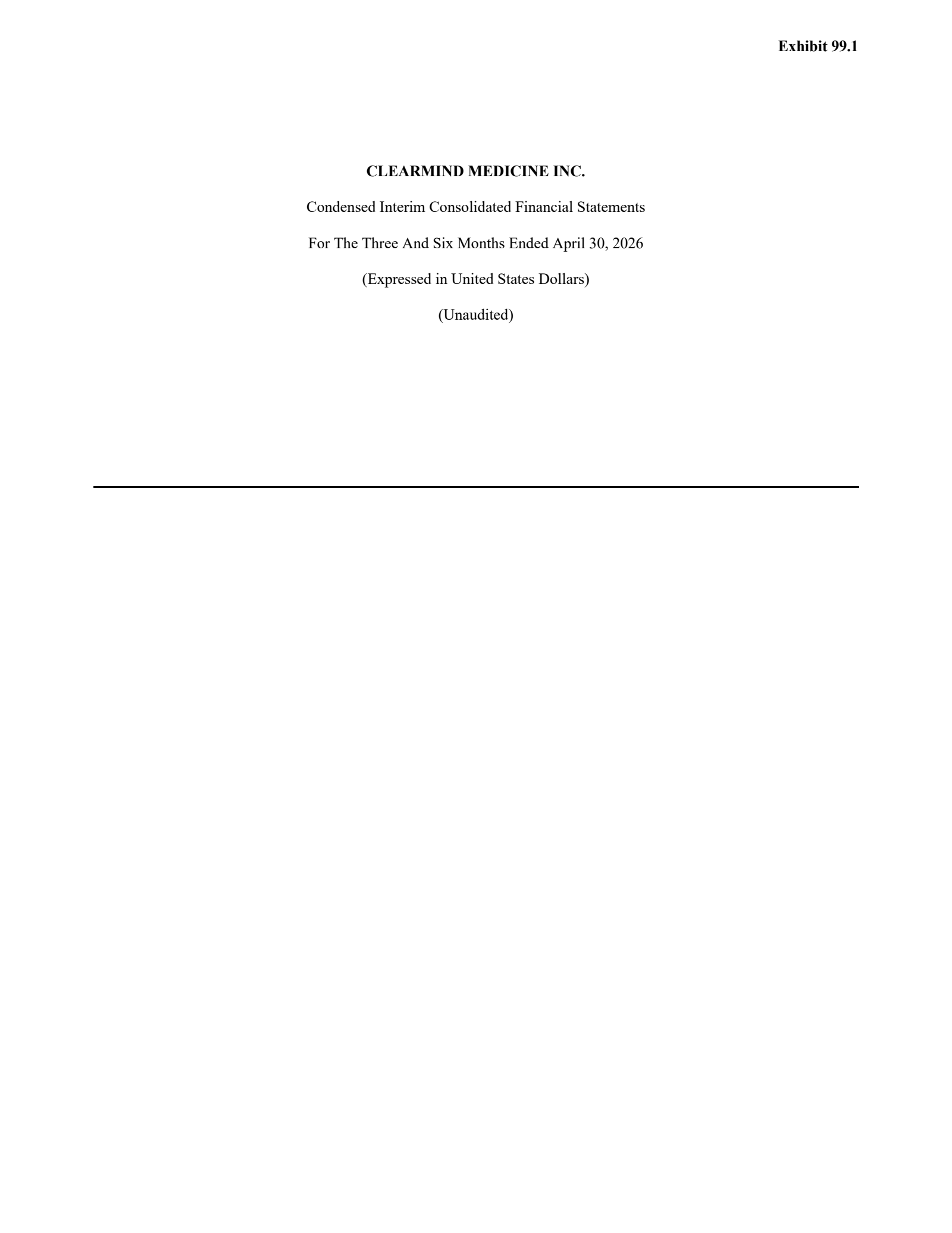 Clearmind Medicine's Q2 2026 Interim report