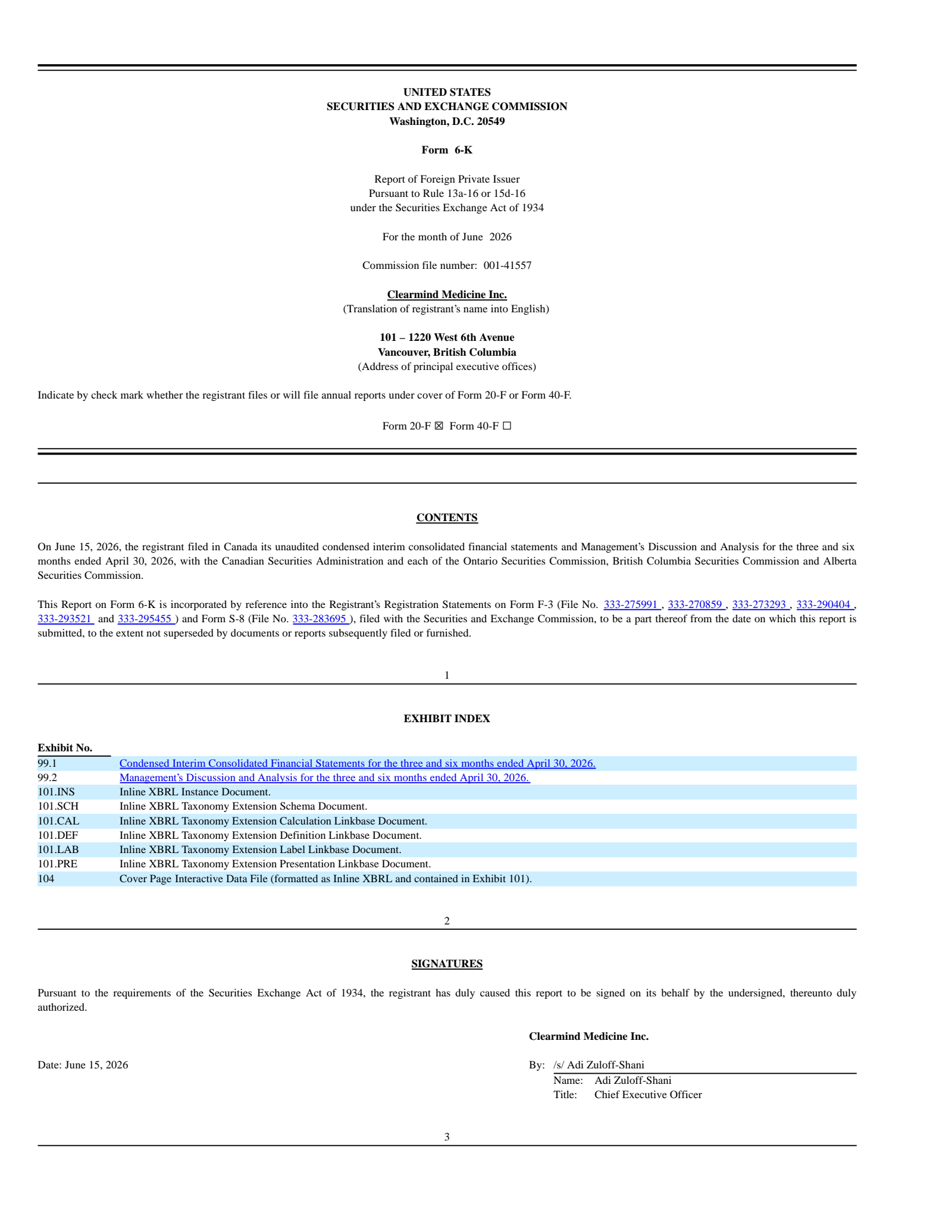 Clearmind Medicine's Q2 2026 Press Release