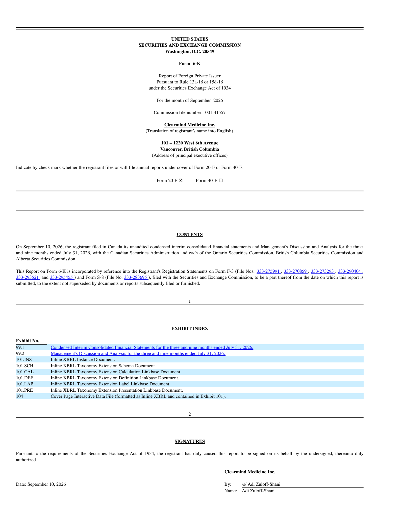 Clearmind Medicine's Q3 2026 Press Release