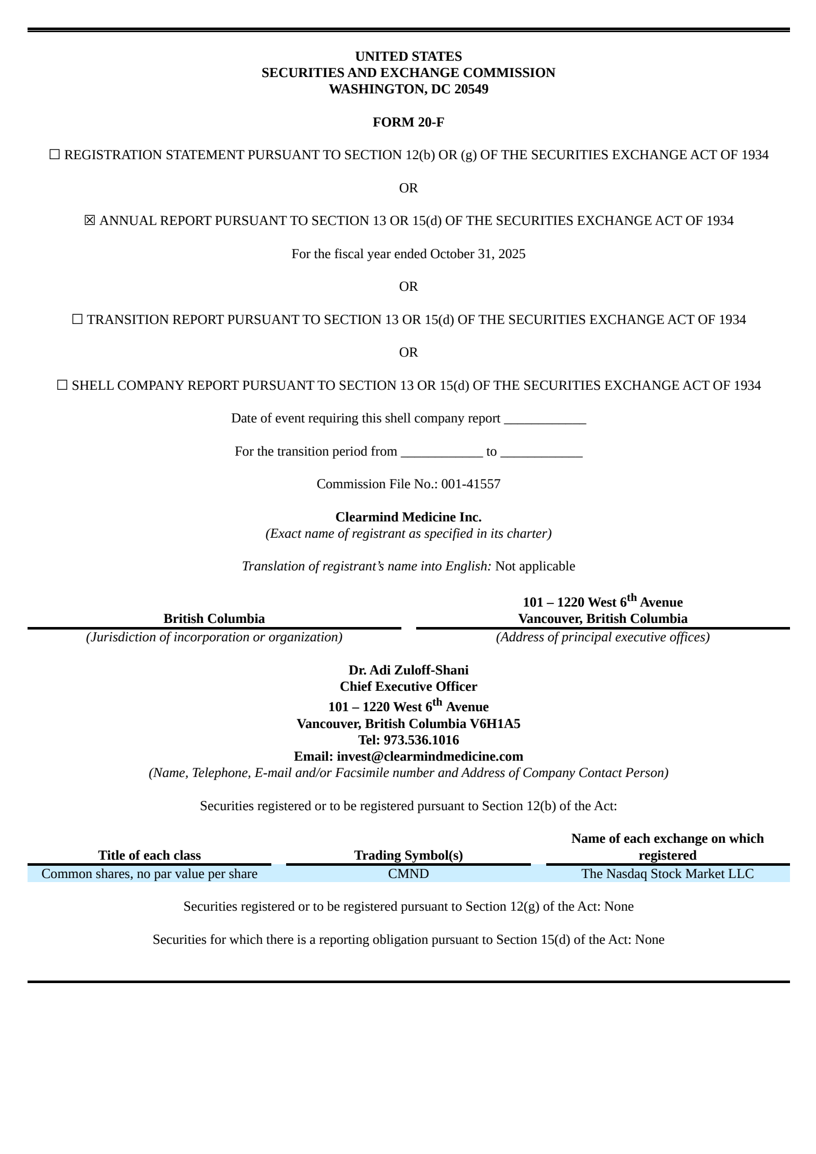 Clearmind Medicine's Q4 2025 Annual report