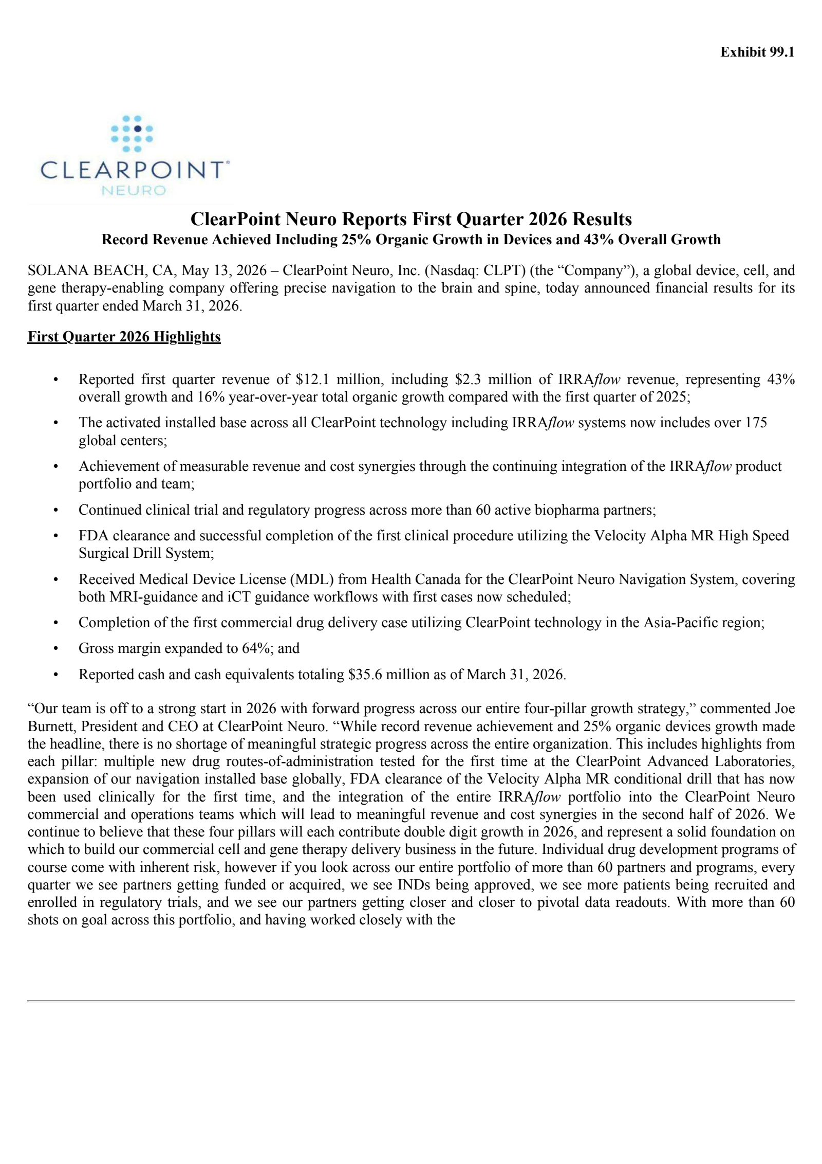 ClearPoint Neuro's Q1 2026 Press Release