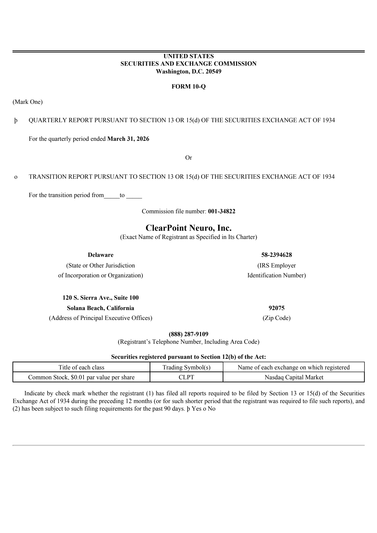 ClearPoint Neuro's Q1 2026 Quarterly report