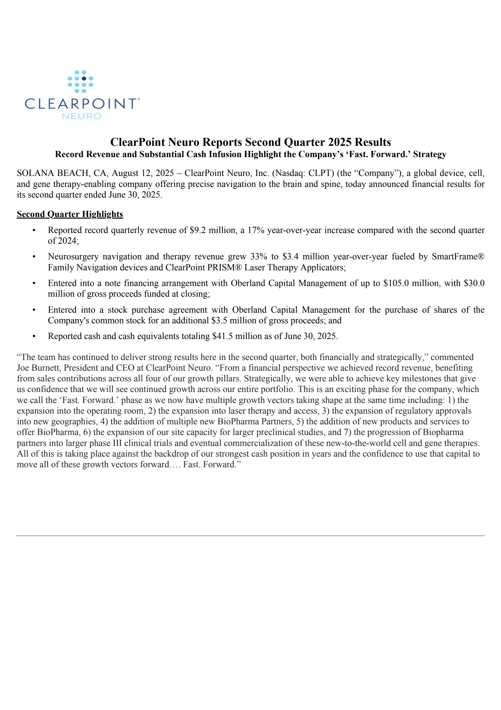 ClearPoint Neuro's Q2 2025 Press Release