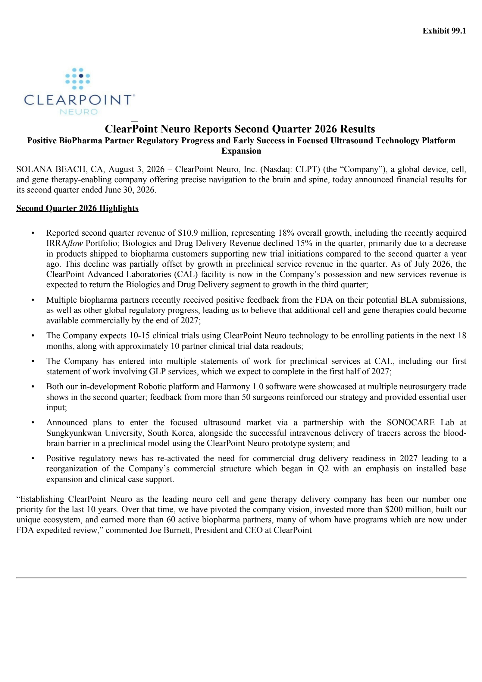 ClearPoint Neuro's Q2 2026 Press Release