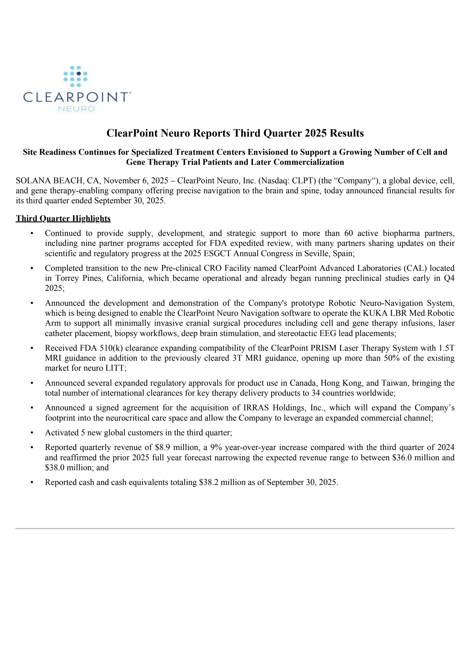ClearPoint Neuro's Q3 2025 Earnings Release