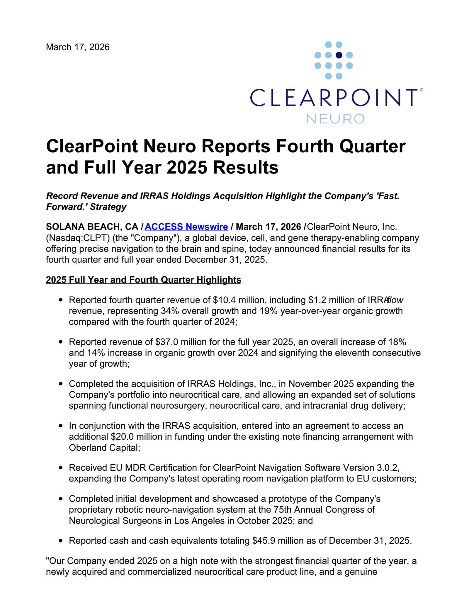 ClearPoint Neuro's Q4 2025 Press Release