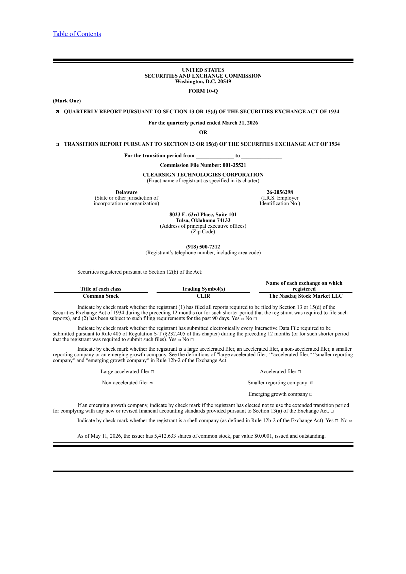 ClearSign Technologies' Q1 2026 Quarterly report
