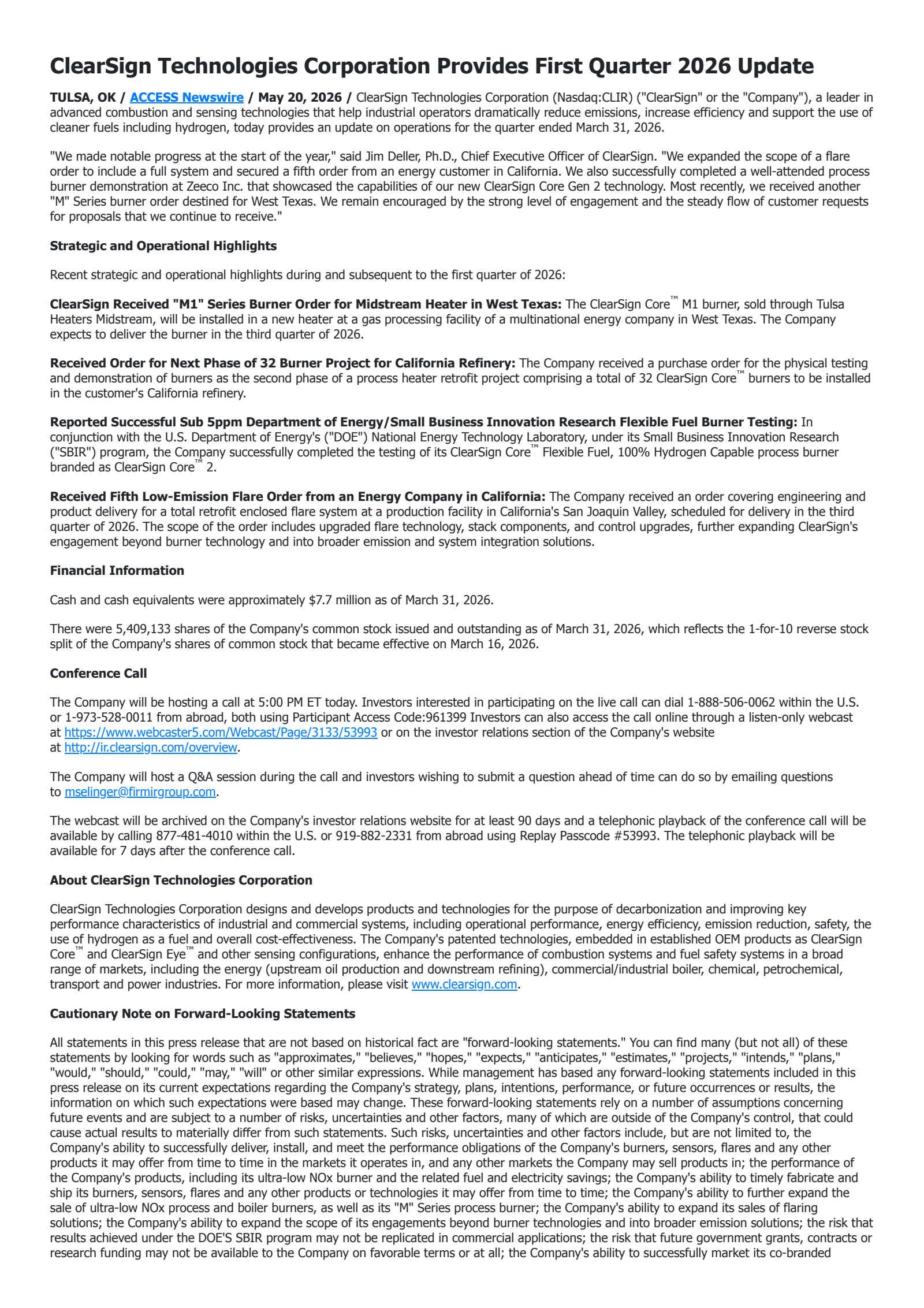 ClearSign Technologies' Q1 2026 Press Release