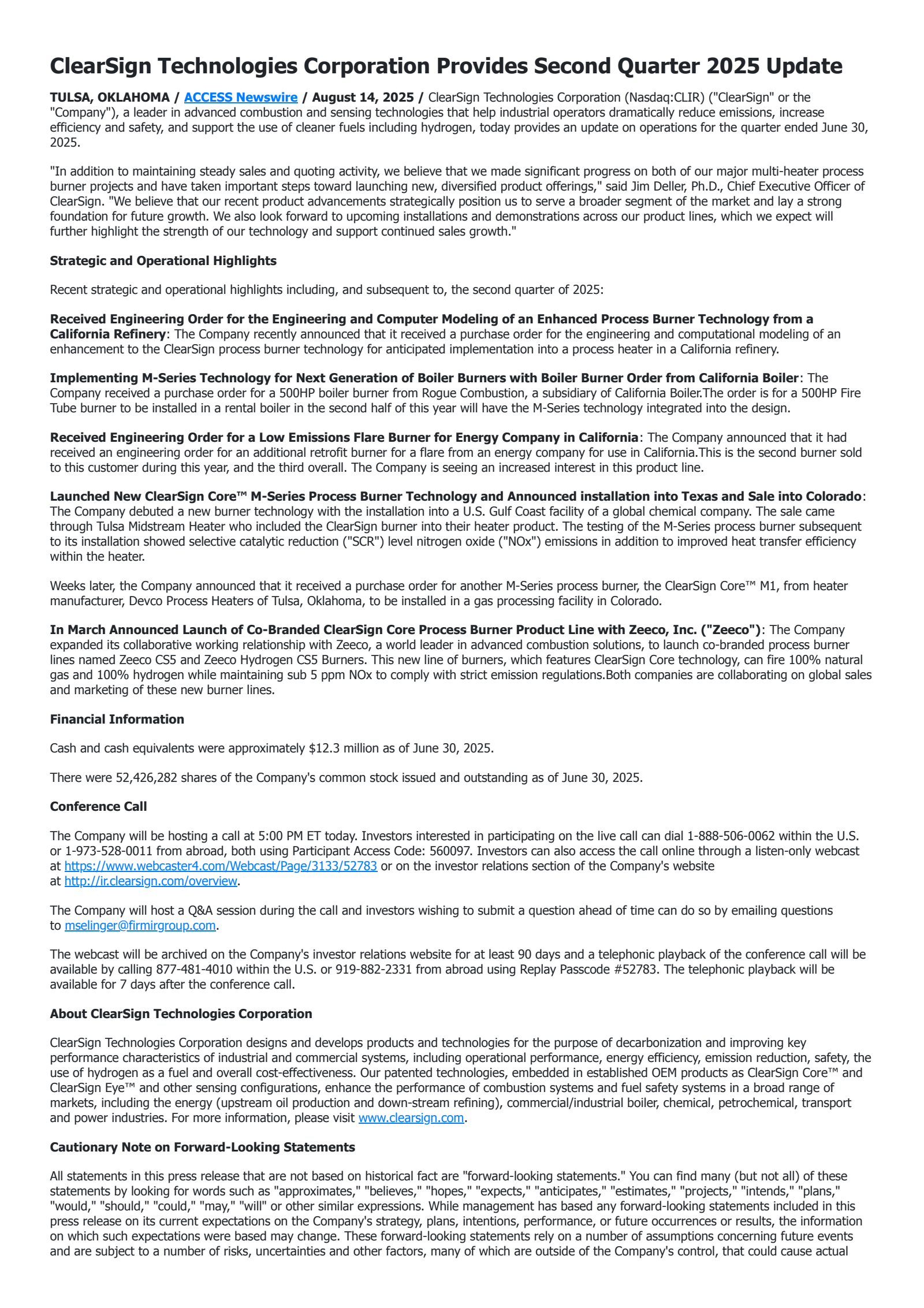 ClearSign Technologies' Q2 2025 Press Release