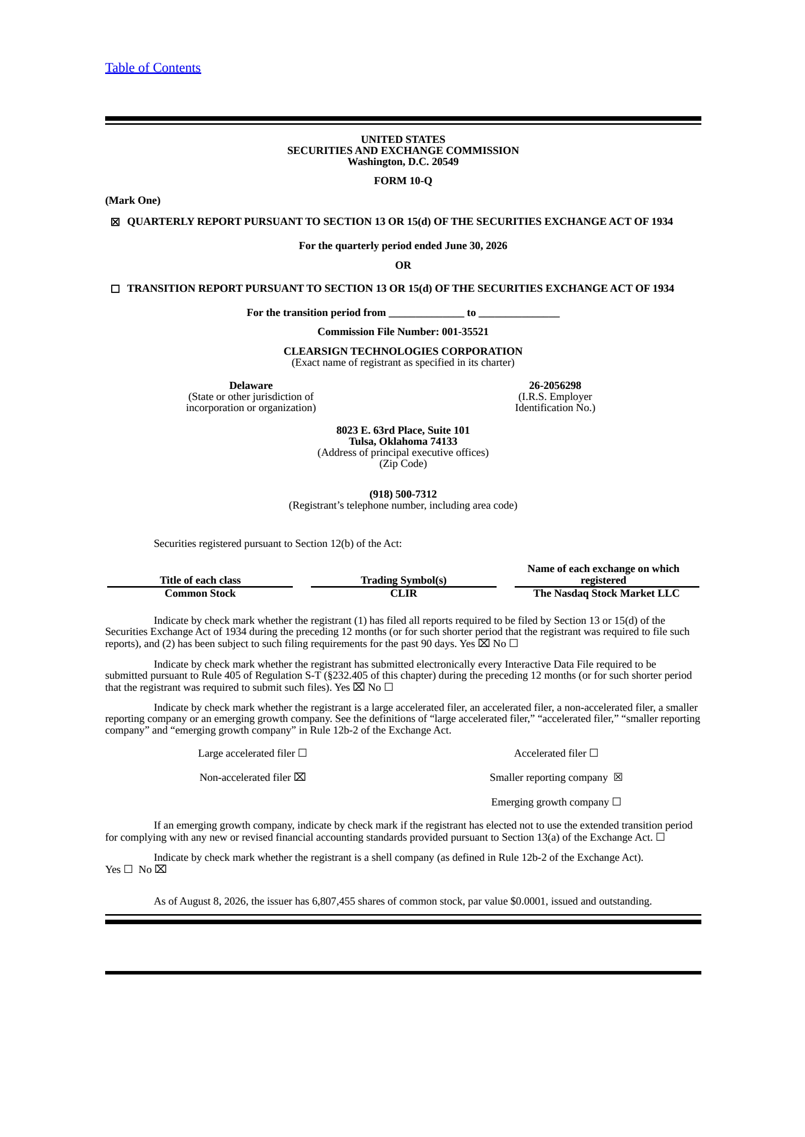 ClearSign Technologies' Q2 2026 Quarterly report