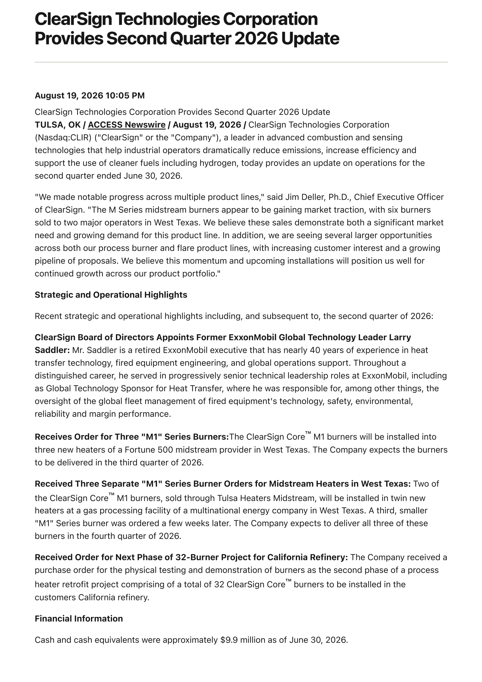 ClearSign Technologies' Q2 2026 Press Release