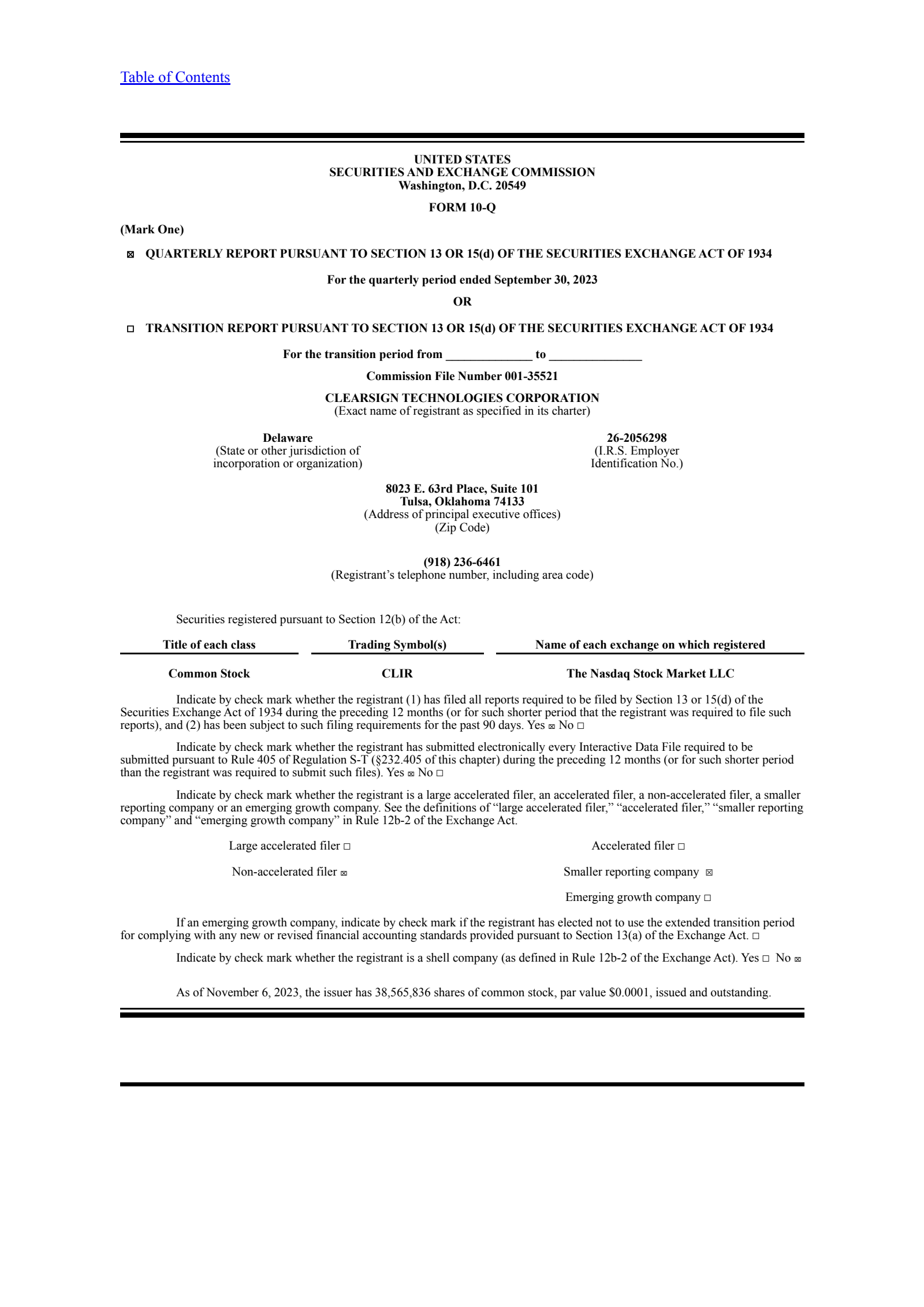 ClearSign Technologies' Q3 2023 Quarterly report