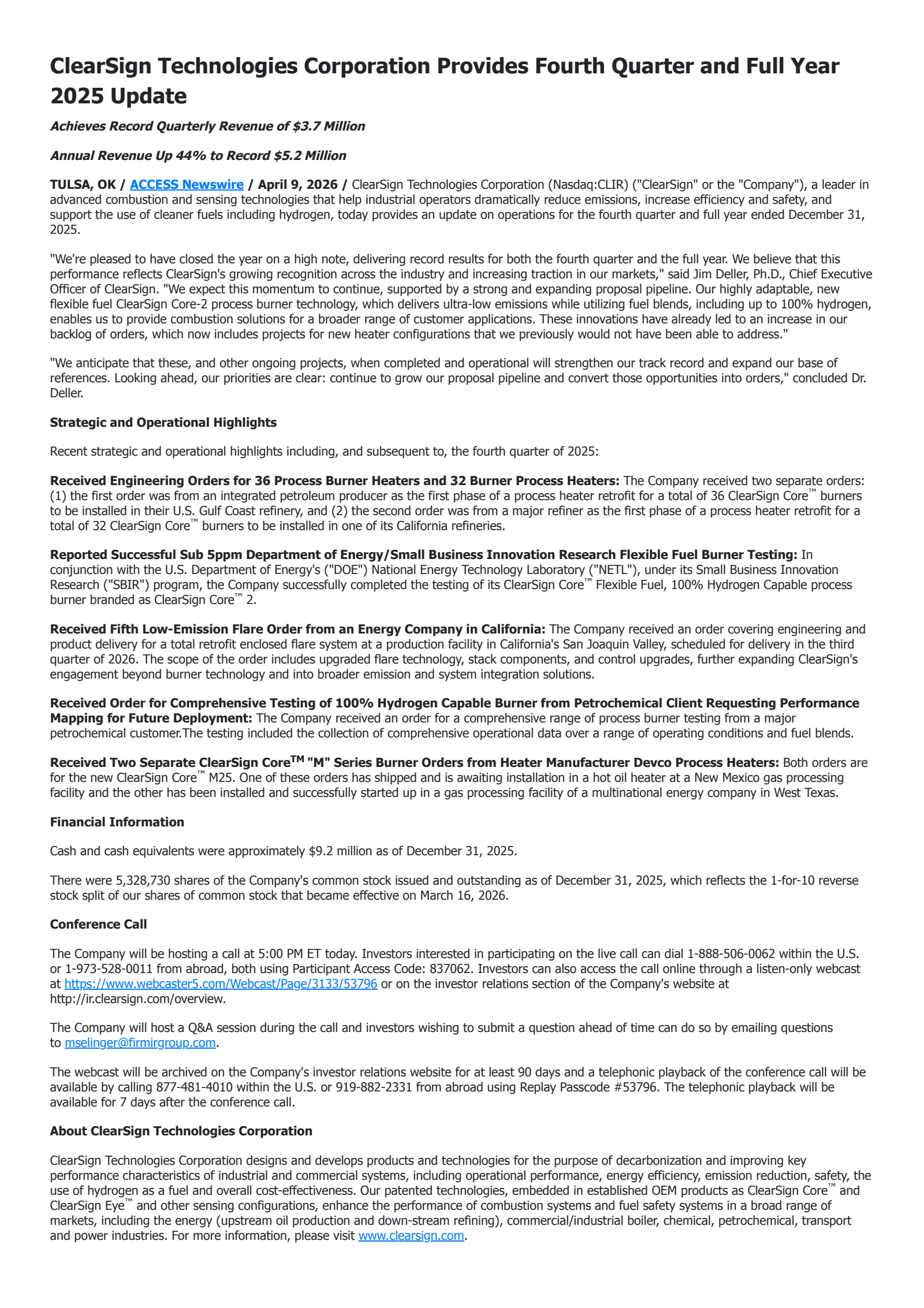 ClearSign Technologies' Q4 2025 Press Release