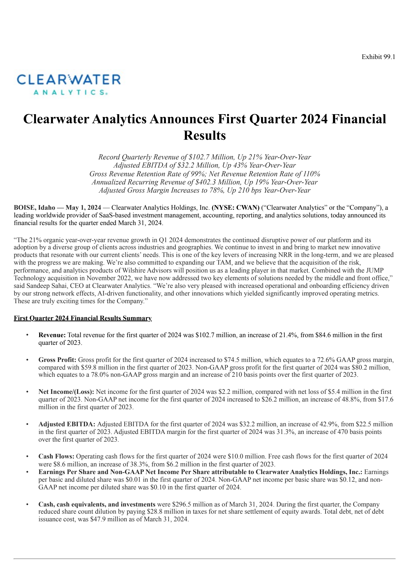 Clearwater Analytics' Q1 2024 Press Release