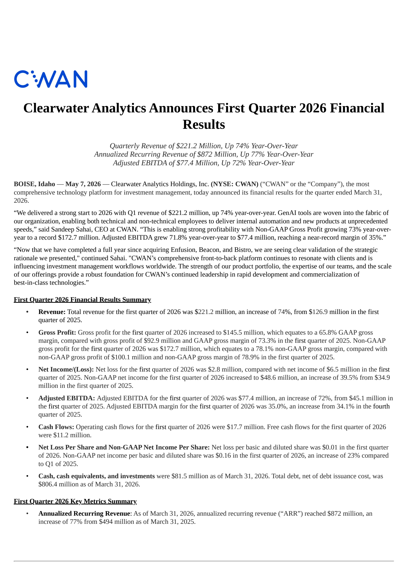 Clearwater Analytics' Q1 2026 Press Release