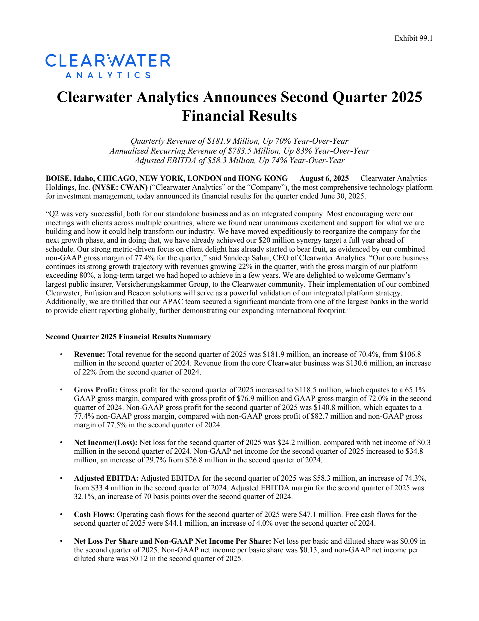 Clearwater Analytics' Q2 2025 Press Release