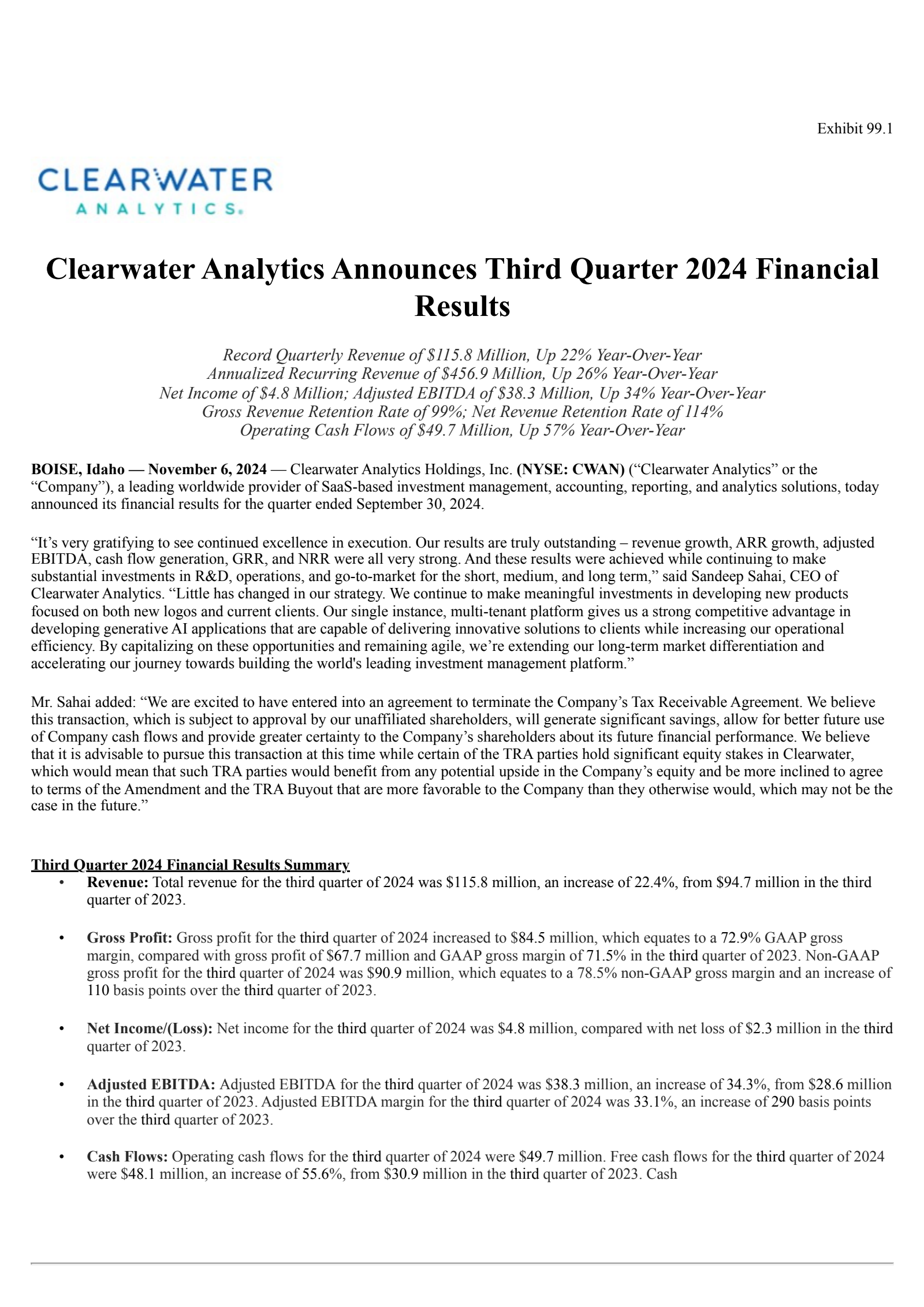 Clearwater Analytics' Q3 2024 Press Release