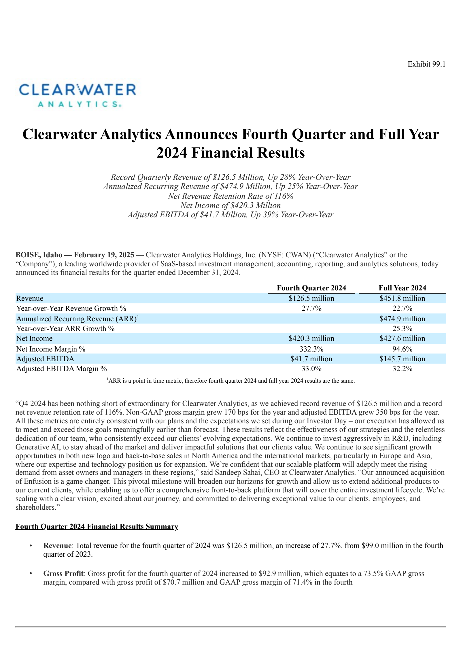 Clearwater Analytics' Q4 2024 Press Release