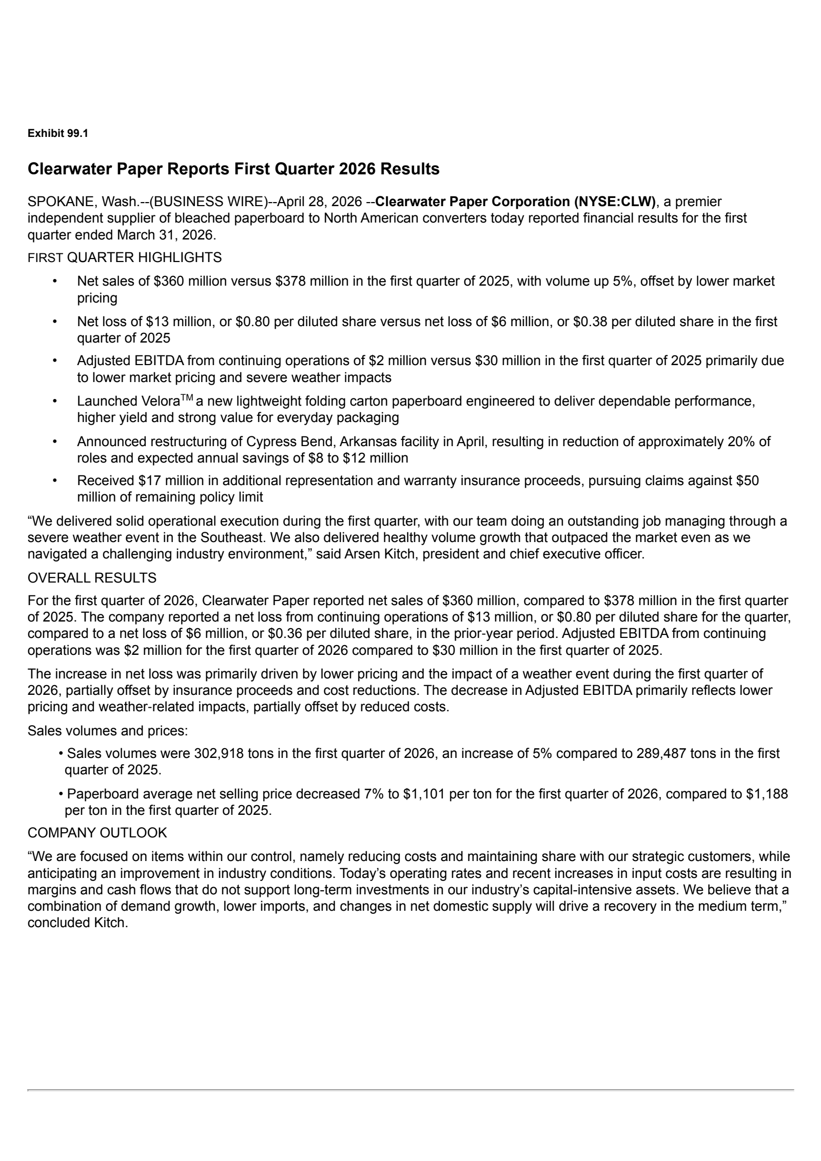 Clearwater Paper's Q1 2026 Press Release