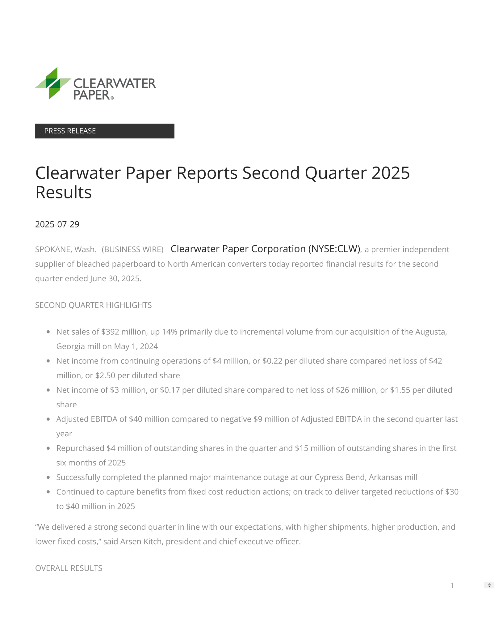 Clearwater Paper's Q2 2025 Press Release