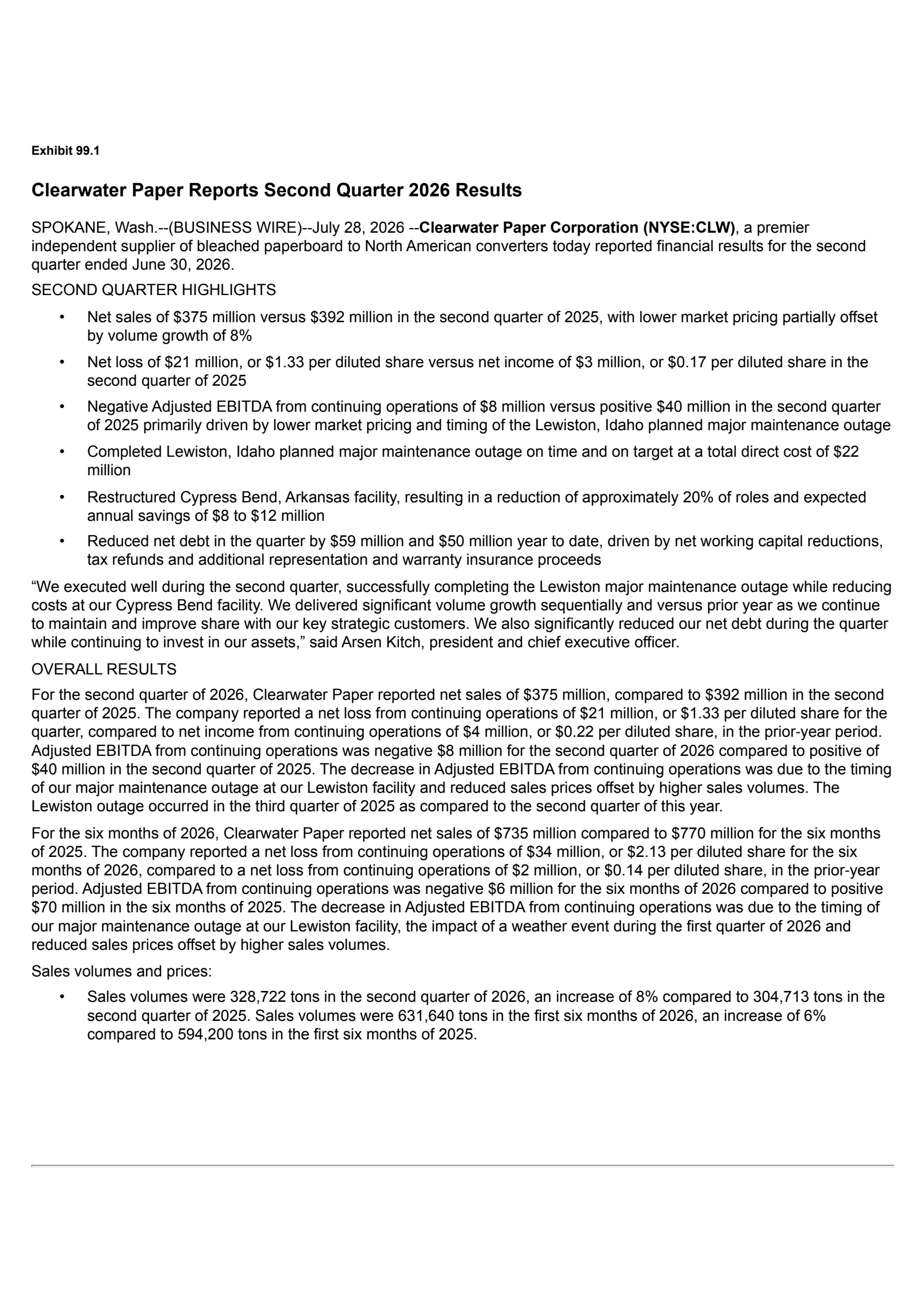 Clearwater Paper's Q2 2026 Press Release