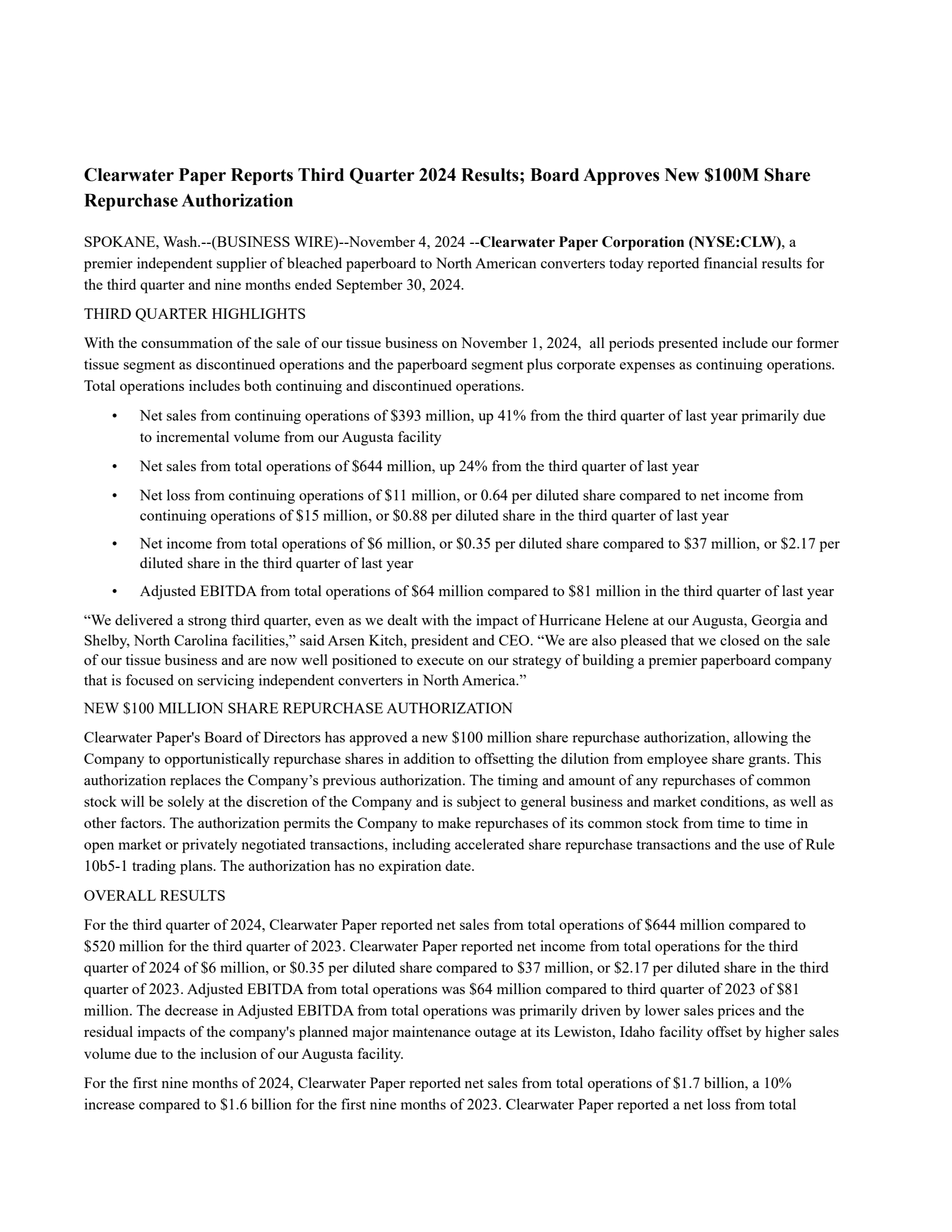 Clearwater Paper's Q3 2024 Press Release