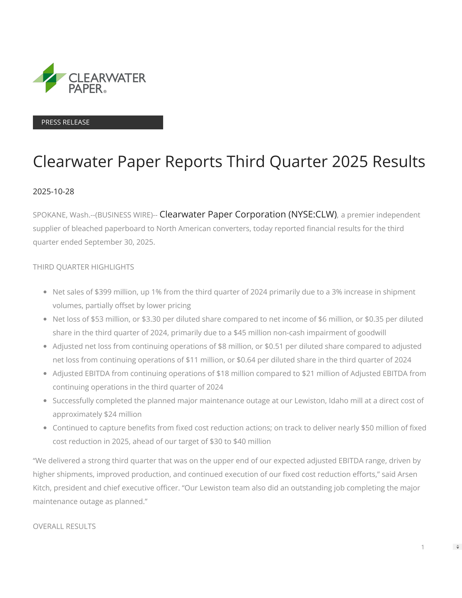 Clearwater Paper's Q3 2025 Earnings Release