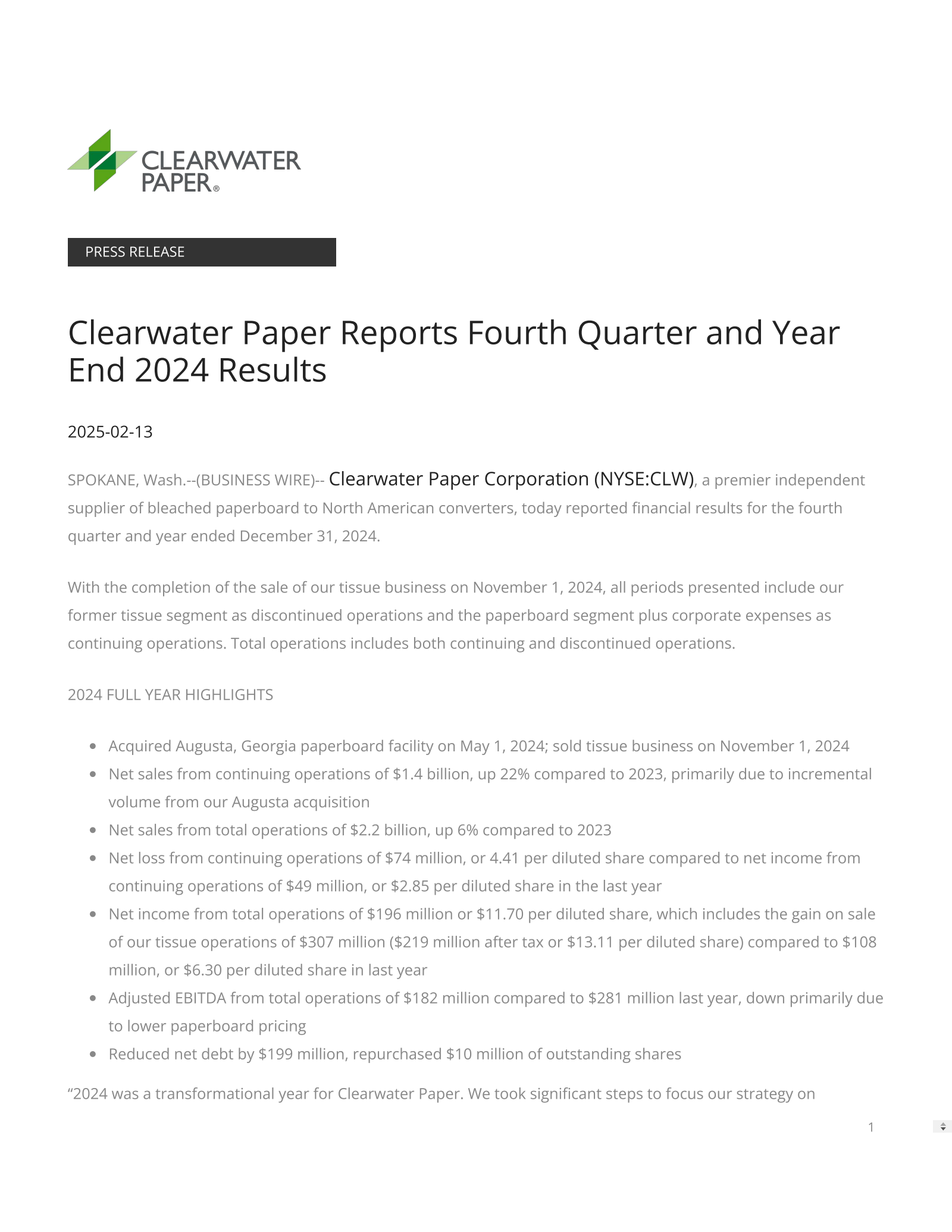 Clearwater Paper's Q4 2024 Press Release