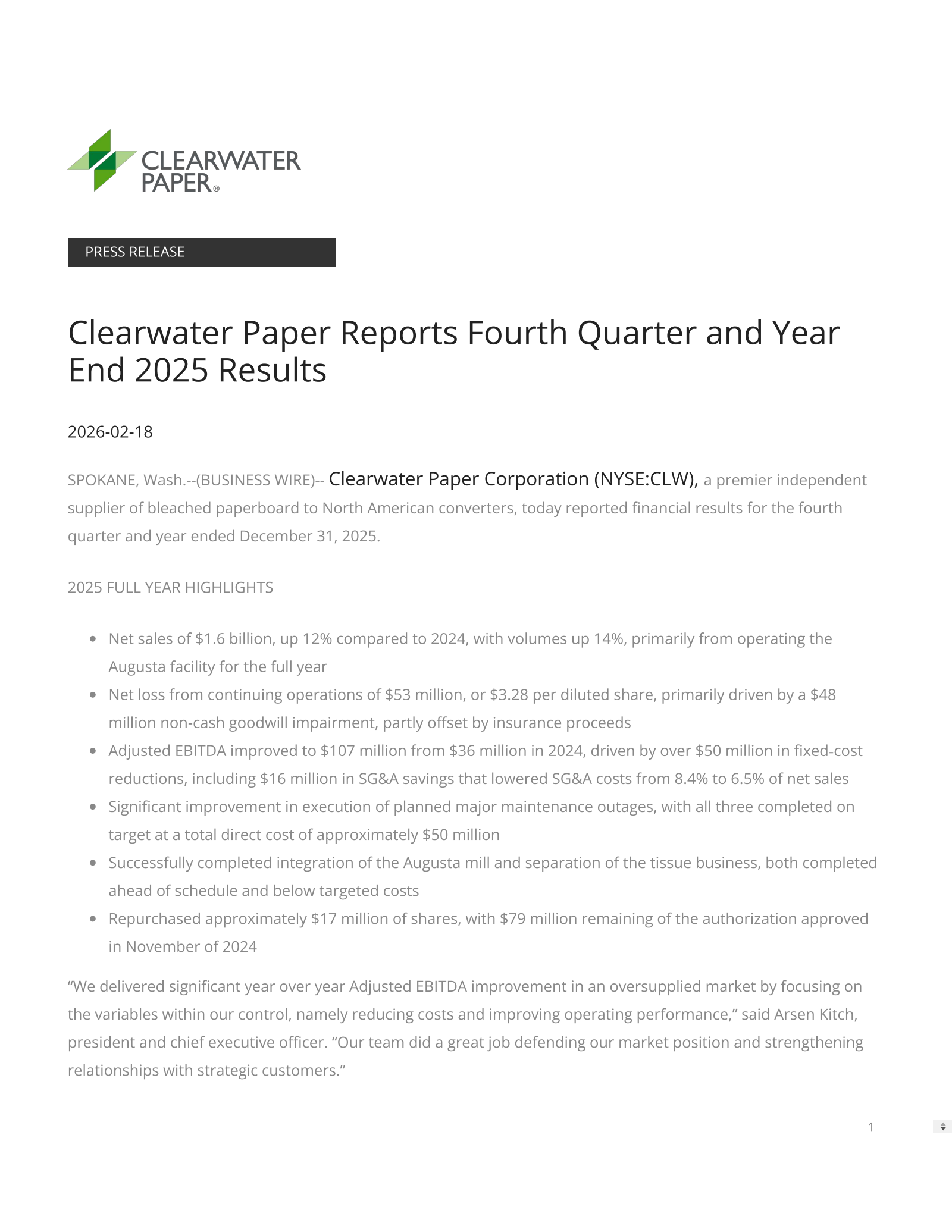 Clearwater Paper's Q4 2025 Press Release