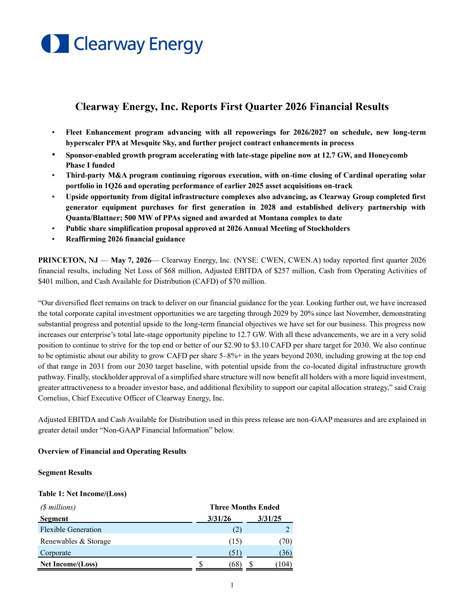 Clearway Energy's Q1 2026 Press Release