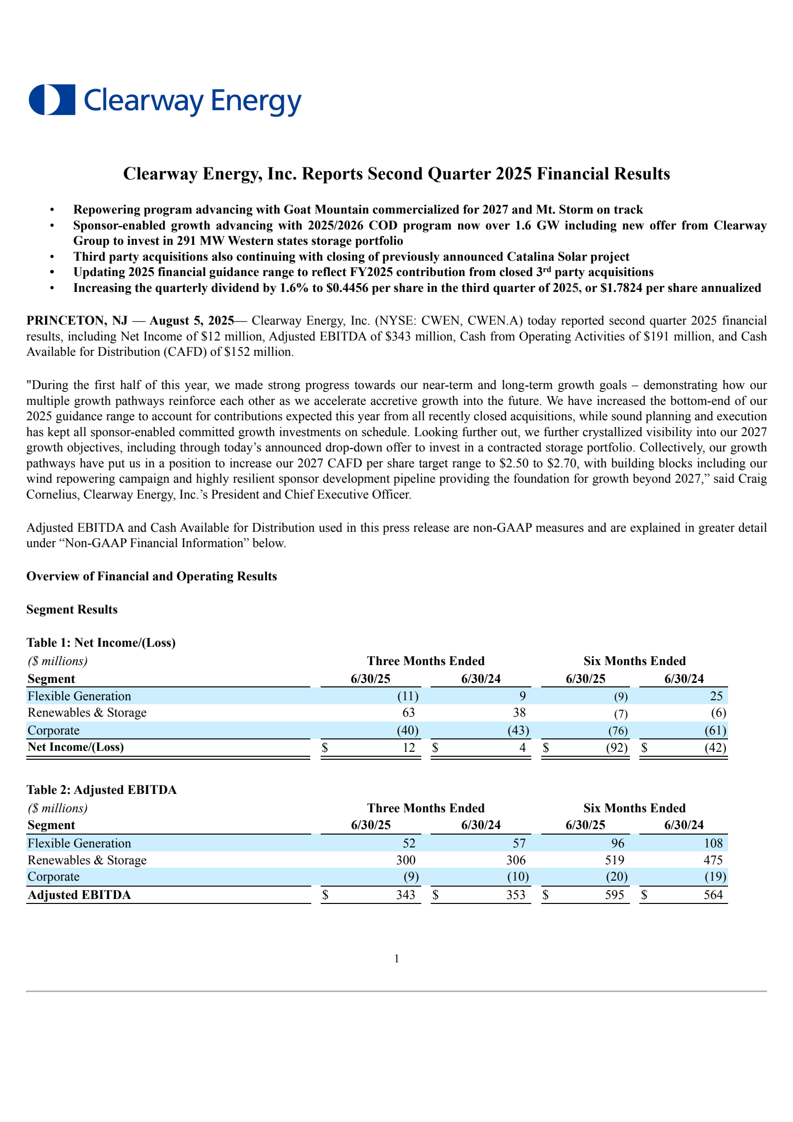 Clearway Energy's Q2 2025 Press Release