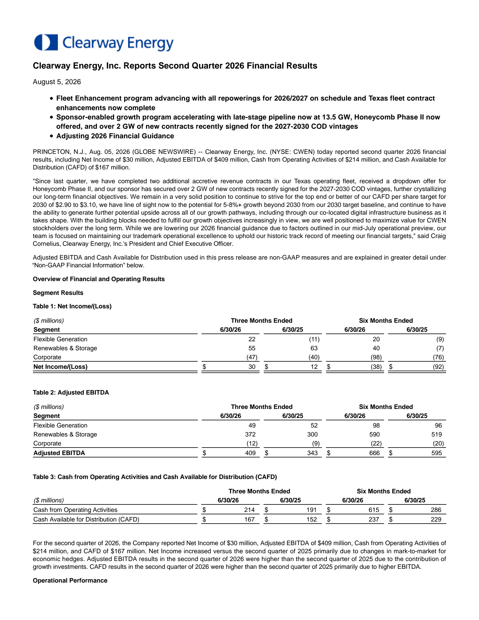 Clearway Energy's Q2 2026 Press Release