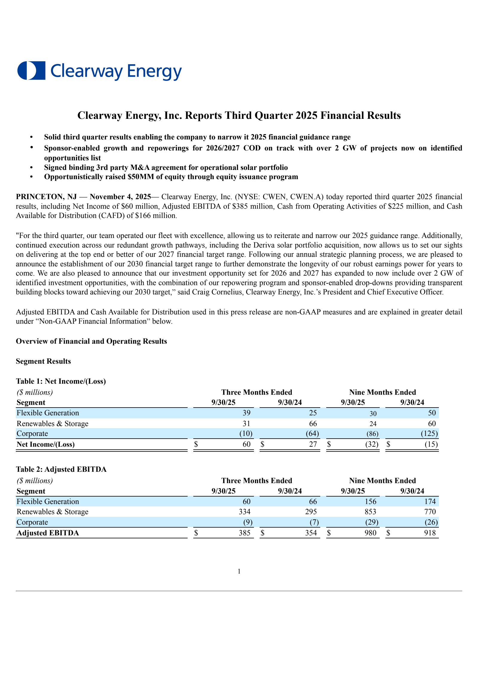 Clearway Energy's Q3 2025 Earnings Release