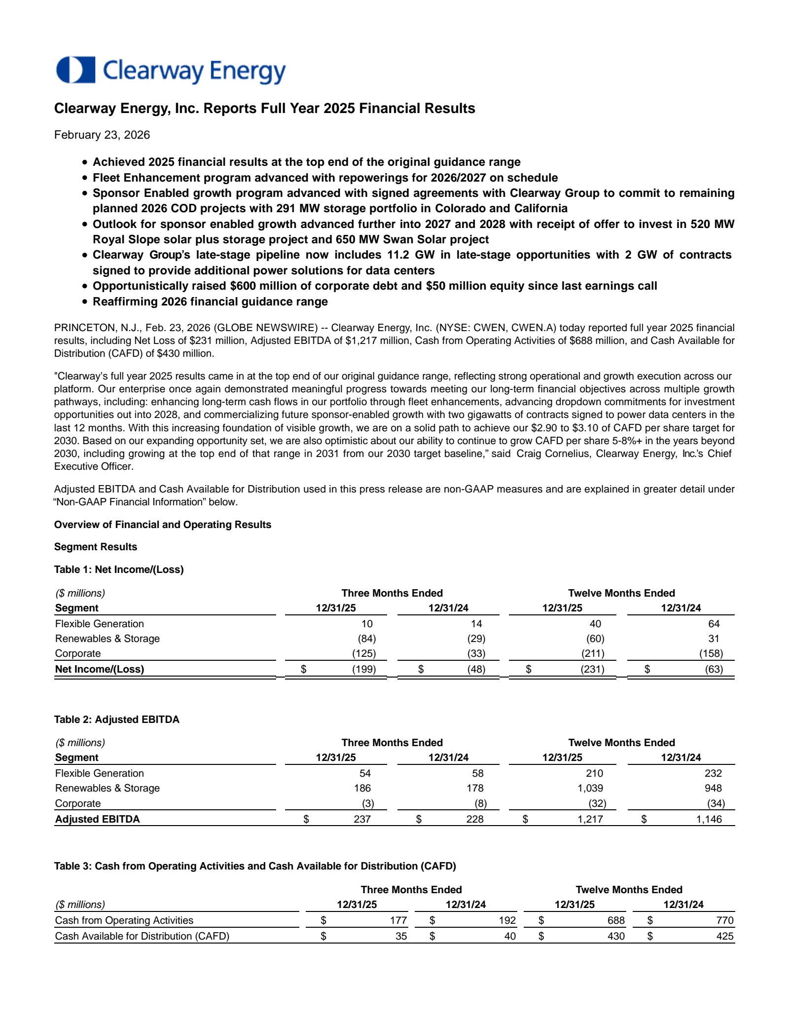 Clearway Energy's Q4 2025 Press Release