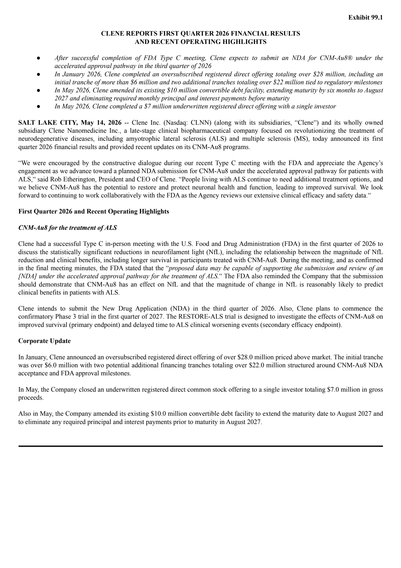 Clene's Q1 2026 Press Release