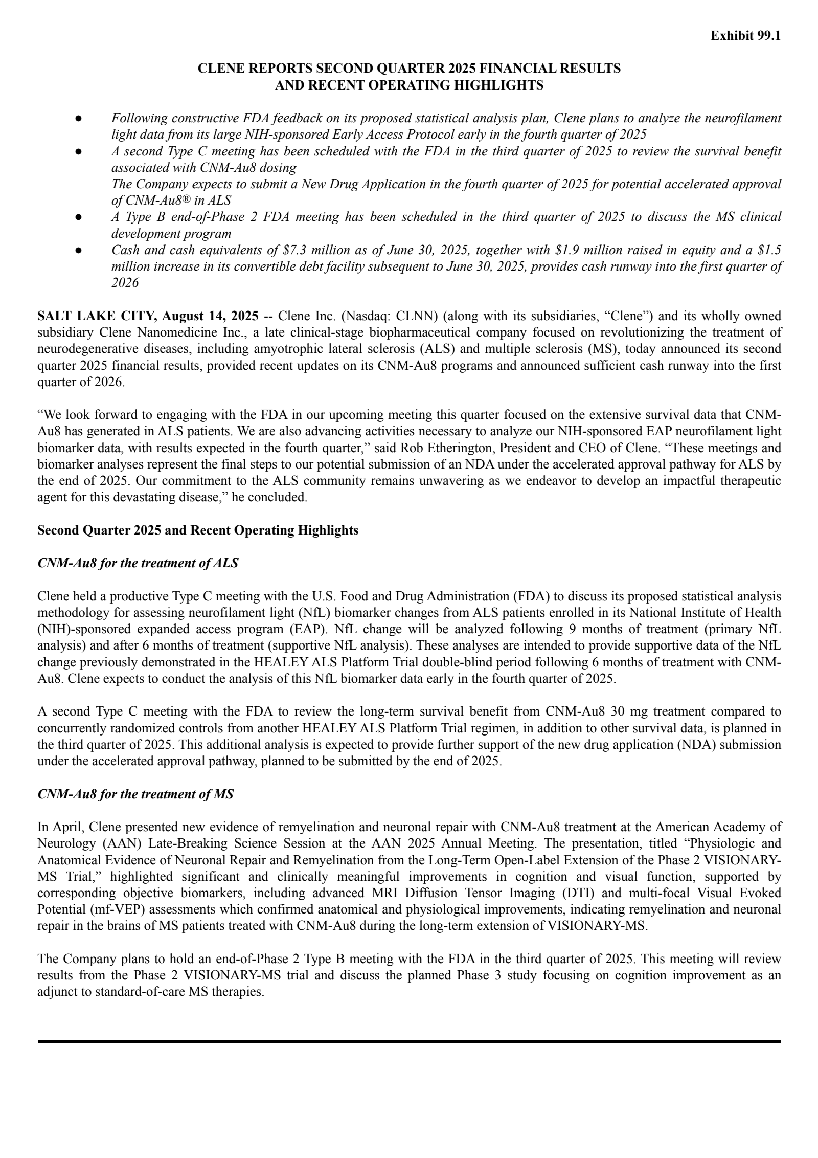 Clene's Q2 2025 Press Release