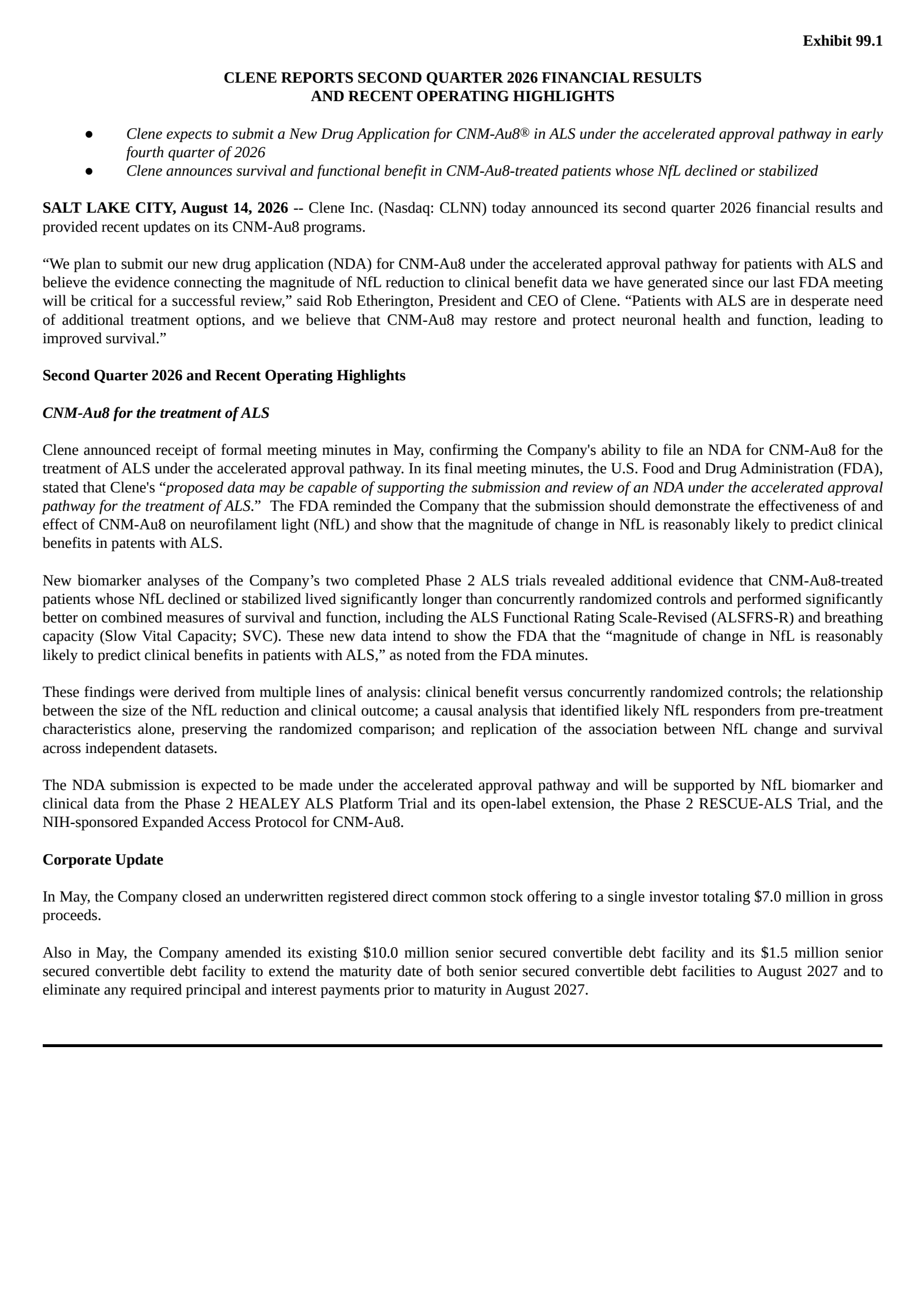 Clene's Q2 2026 Press Release