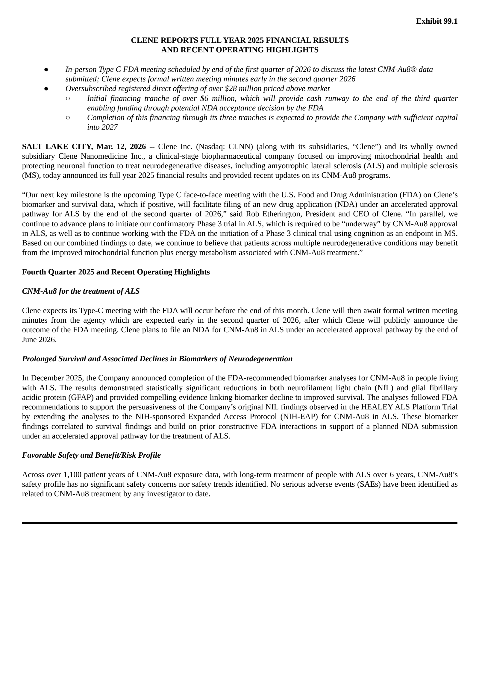Clene's Q4 2025 Press Release