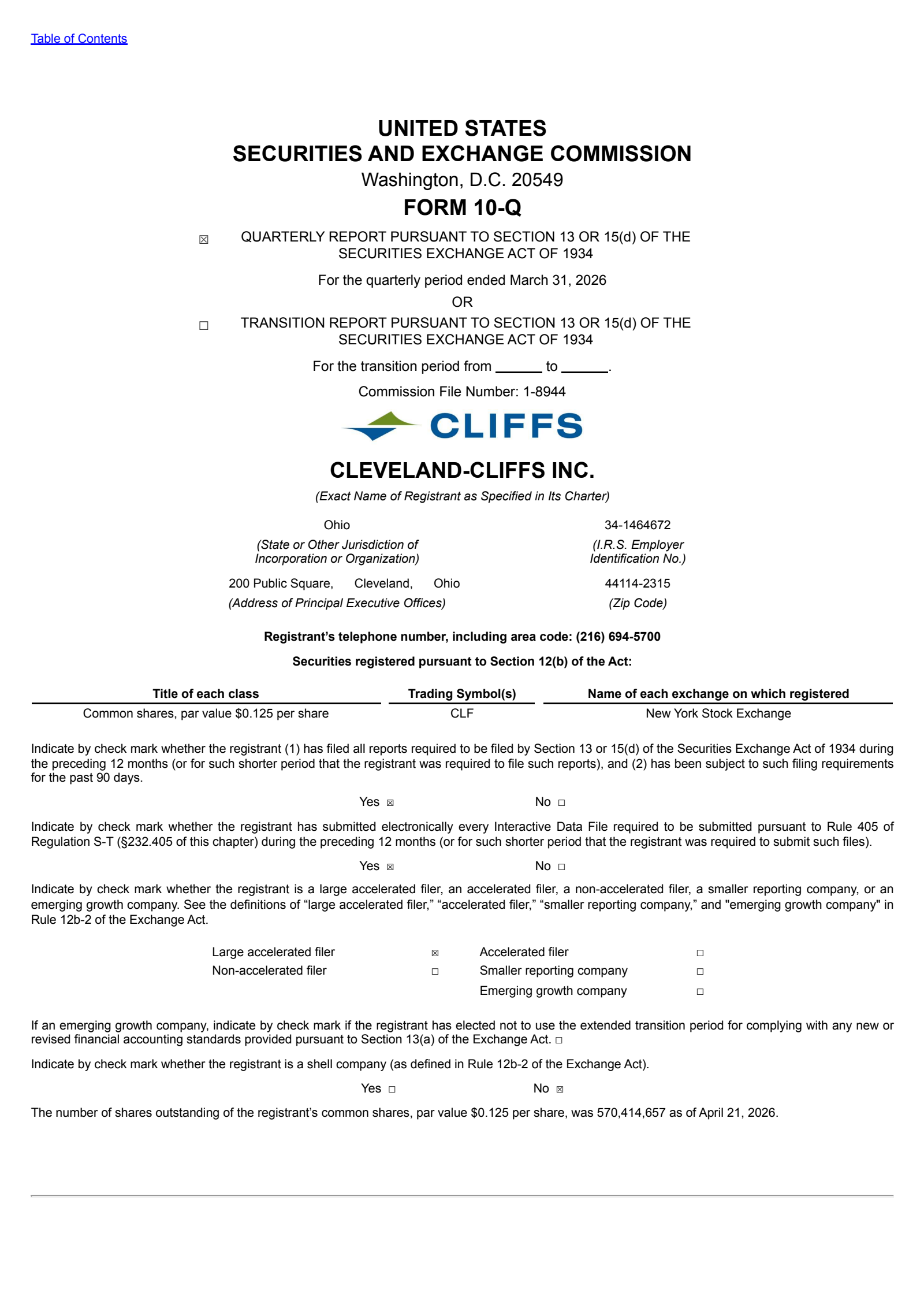 Cleveland-Cliffs' Q1 2026 Quarterly report