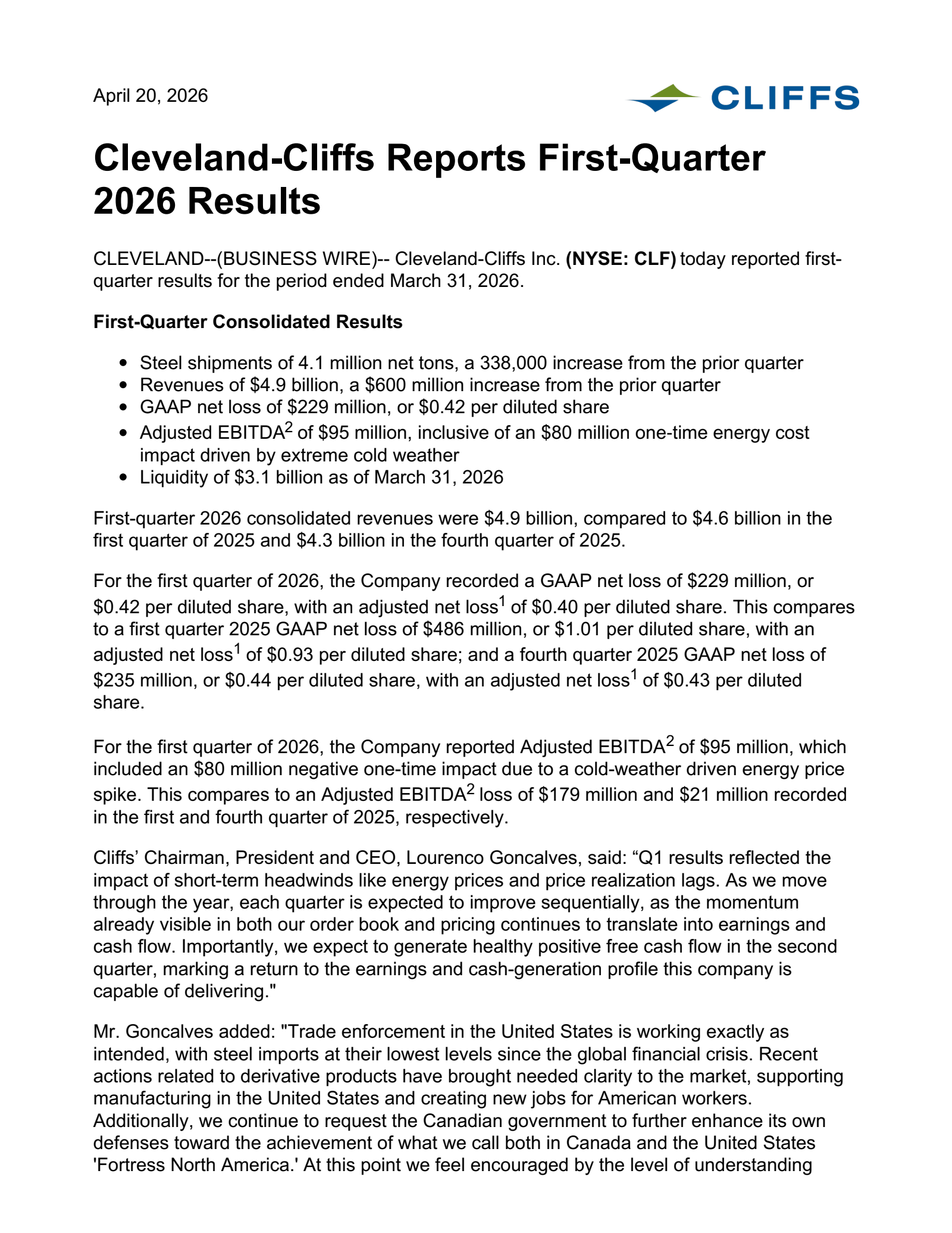 Cleveland-Cliffs' Q1 2026 Press Release