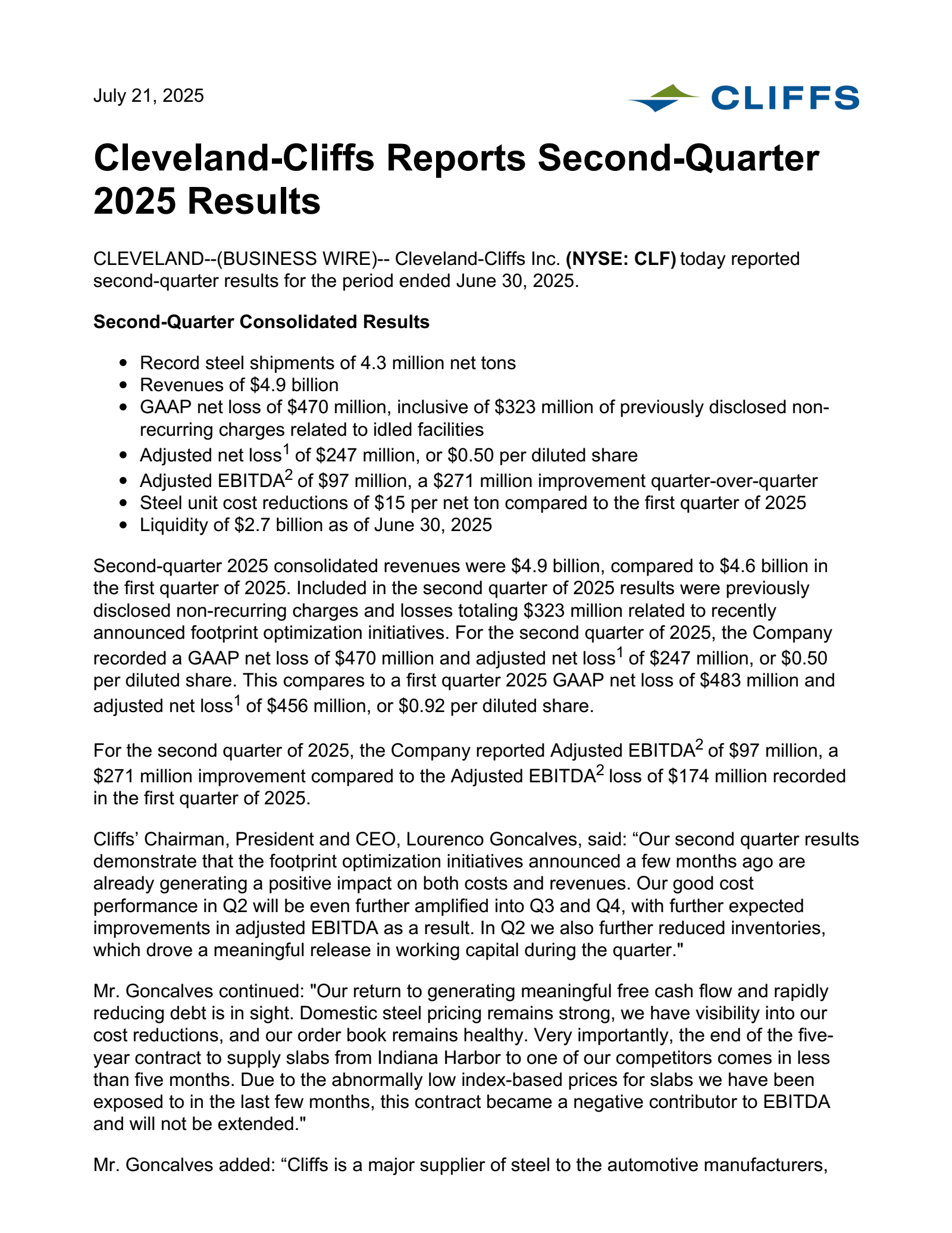 Cleveland-Cliffs' Q2 2025 Press Release
