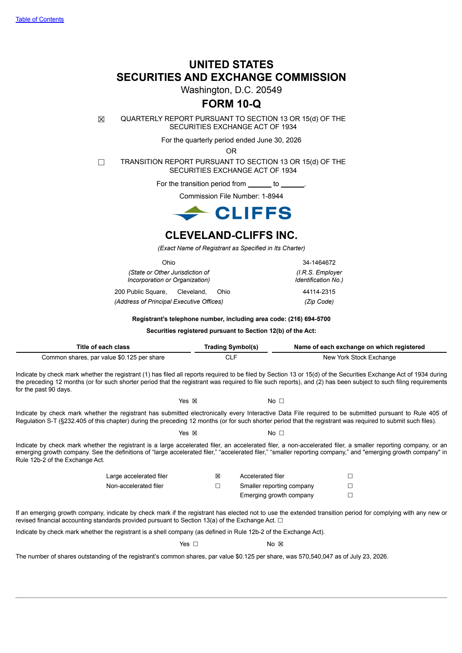 Cleveland-Cliffs' Q2 2026 Quarterly report