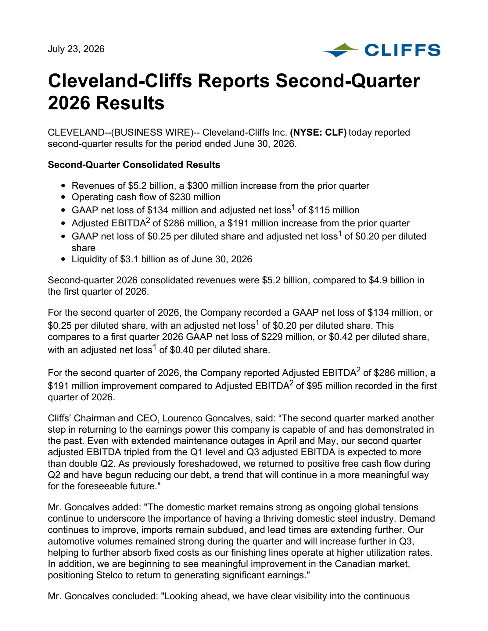 Cleveland-Cliffs' Q2 2026 Press Release
