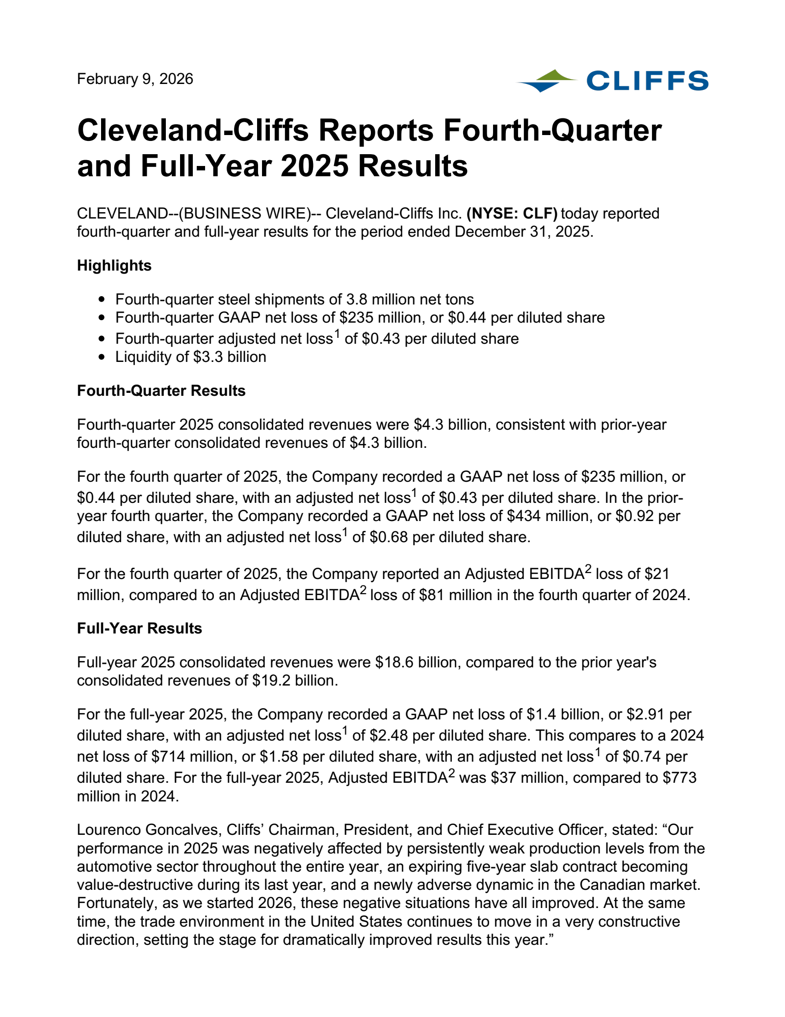 Cleveland-Cliffs' Q4 2025 Press Release