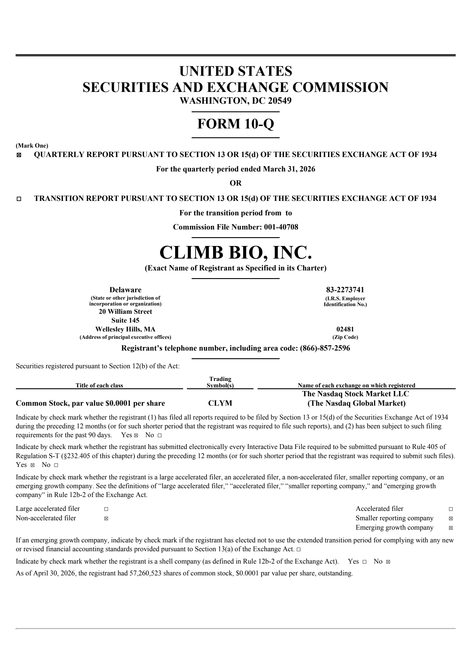Climb Bio's Q1 2026 Quarterly report