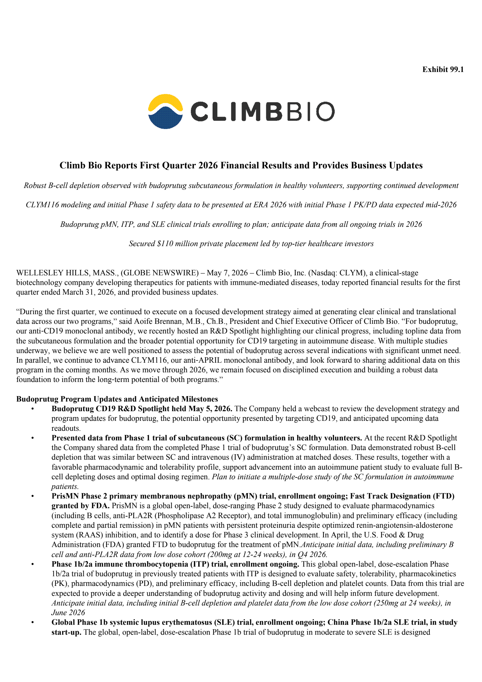Climb Bio's Q1 2026 Press Release