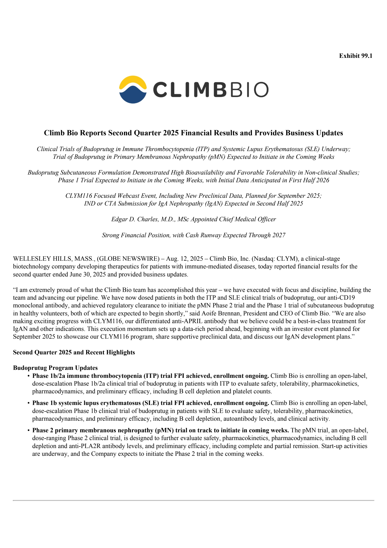Climb Bio's Q2 2025 Press Release